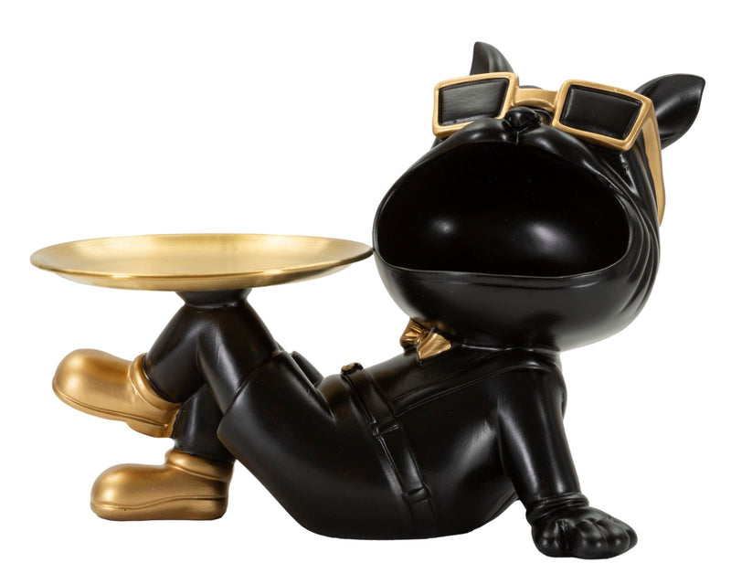 Decorațiune Mauro Ferretti Câine Buddy cu Tavă, Negru/Auriu