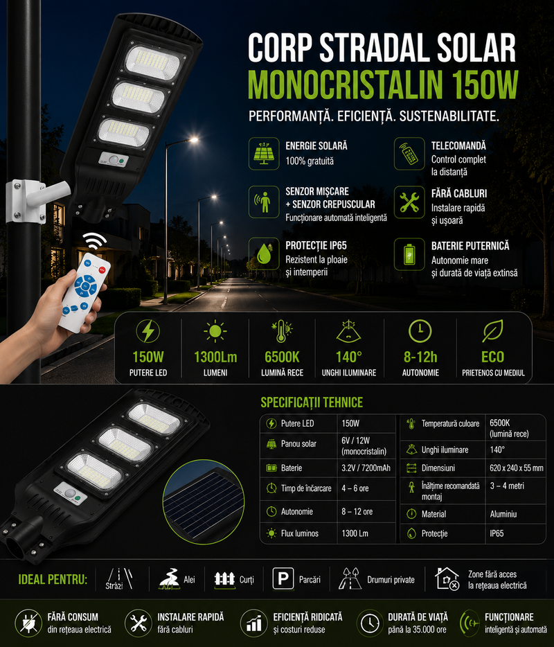 Corp stradal solar monocristalin cu telecomandă, 150W, 6400K, IP65