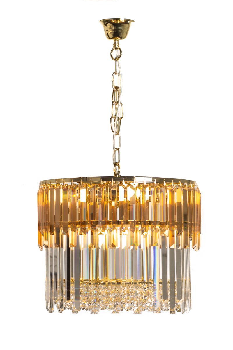 Lampa suspendată Camille 19101/8 8 x E14 MAX 40W Ø40 H37 corp metalic auriu abajur din sticlă transparentă și chihlimbar