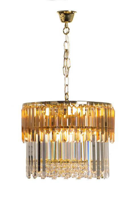Lampa suspendată Camille 19101/8 8 x E14 MAX 40W Ø40 H37 corp metalic auriu abajur din sticlă transparentă și chihlimbar