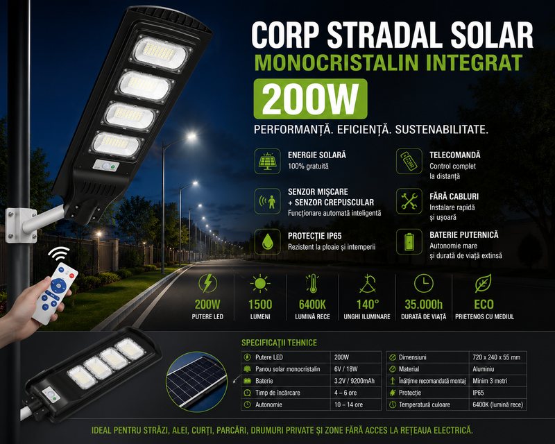 Corp stradal solar monocristalin cu telecomandă, 200W, 6400K, IP65