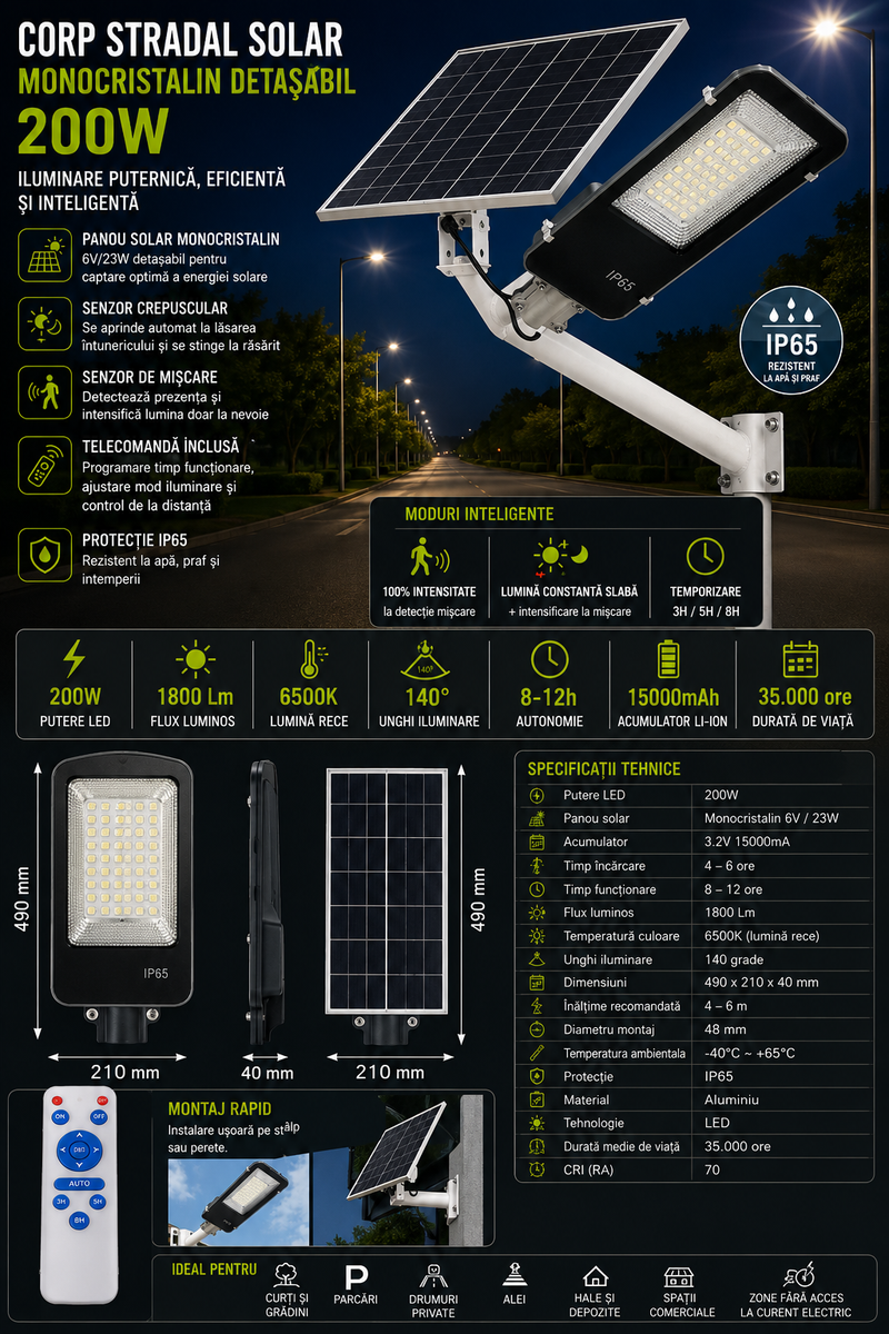 Corp stradal solar cu panou detașabil 23W, 200W, 6500K, IP65