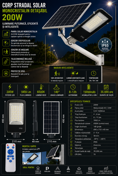 Corp stradal solar cu panou detașabil 23W, 200W, 6500K, IP65