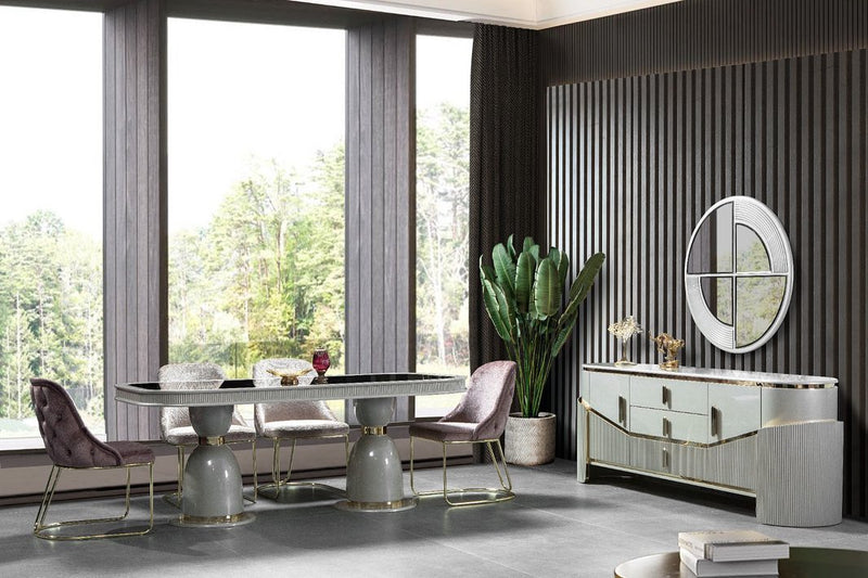 Consolă STAR ASI HOME, 220 cm, design futurist crem & auriu, MDF texturat, blat tip marmură, 6 compartimente