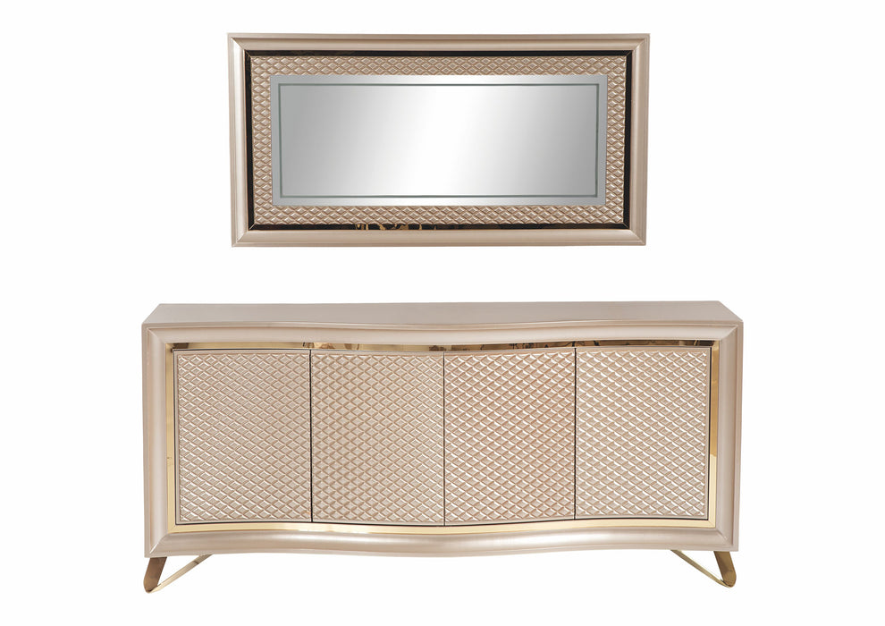 Set Living-Dining Lux Lavinya Zen AsiHome, Consola cu Oglinda, Comoda TV,  Masa Crem Auriu (2m x 1m) + 6 Scaune – Exclusiv ASI Home