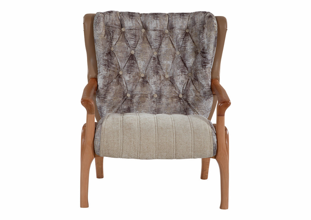 Fotoliu Bergere Lux Zen Asi Home, Lemn Nuc, Catifea Crem-Bej & Piele Ecologică Maro, 75x95 cm, Spătar Capitonat