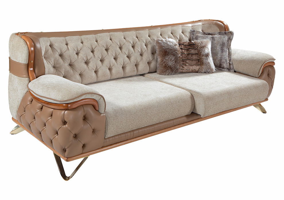 Canapea Lux Zen Asi Home, 3 Locuri, Lemn Nuc, Catifea Crem-Bej & Piele Ecologică Maro, 250x98x85 cm, Spătar și Brate Capitonate