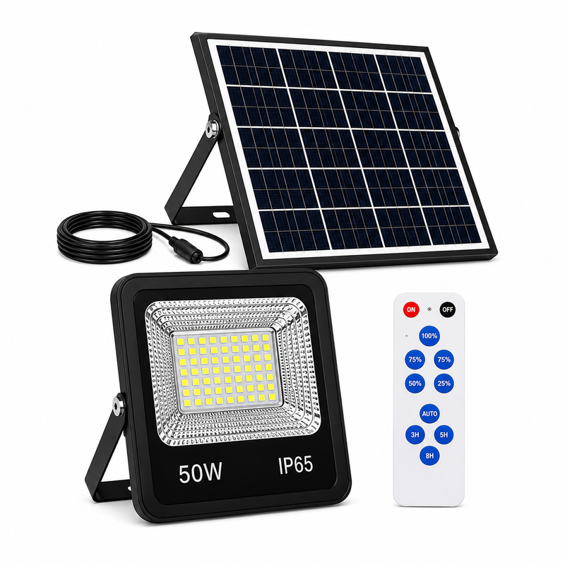 Proiector LED SMD cu Panou Solar și Telecomandă 50W – IP65, 6500K, Senzor de Mișcare