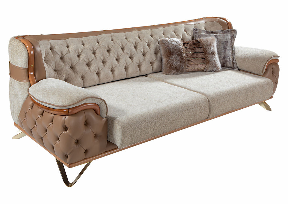 Canapea Lux Zen Asi Home, 3 Locuri, Lemn Nuc, Catifea Crem-Bej & Piele Ecologică Maro, 250x98x85 cm, Spătar și Brate Capitonate