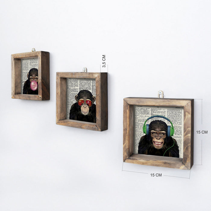 Set Tablouri Decorative Inramate MDF (3 Bucati) Asi Home Monkeys MDF 15X15 cm