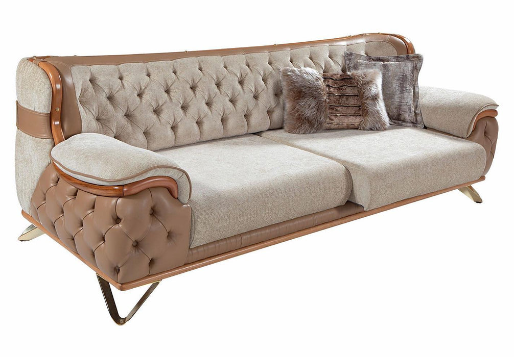 Canapea Lux Zen Asi Home, 3 Locuri, Lemn Nuc, Catifea Crem-Bej & Piele Ecologică Maro, 250x98x85 cm, Spătar și Brate Capitonate