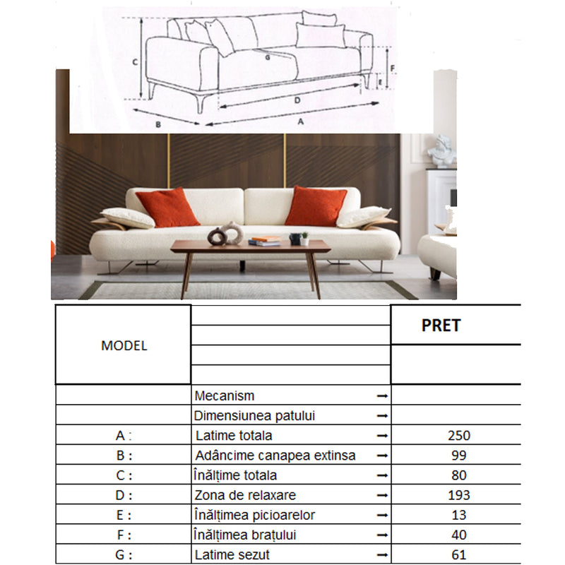 Canapea Lux Hilton Inev Asi Home, Boucle Off White, lungime 250cm, latime 99cm, inaltime 80cm