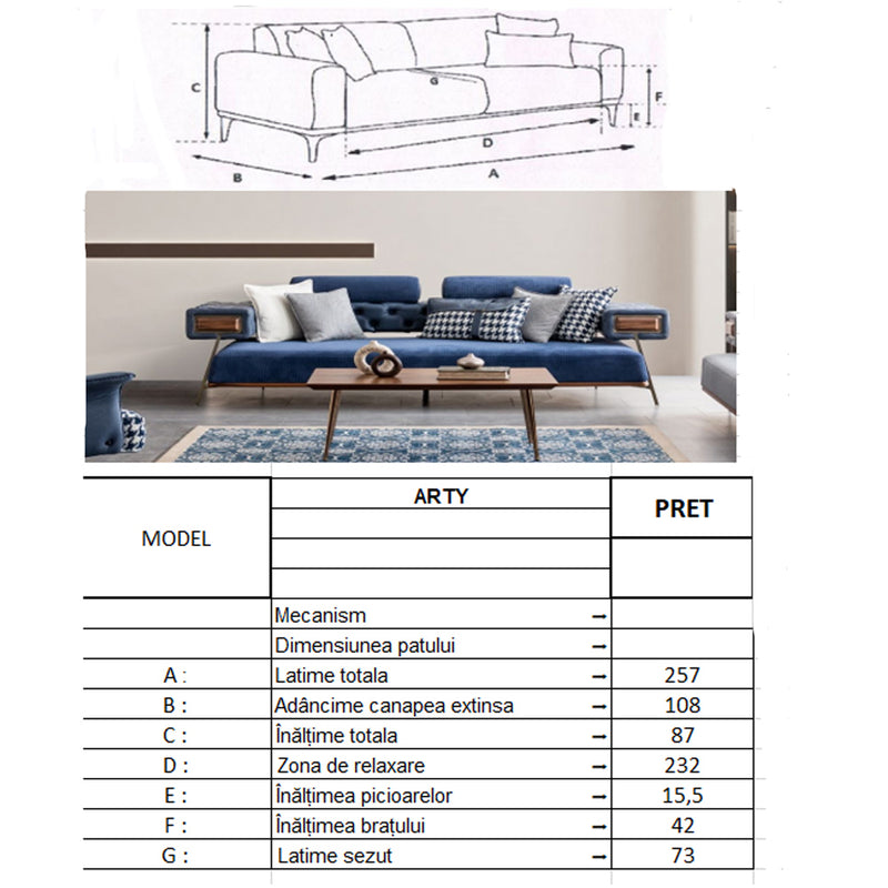 Canapea Arty Inev Asi Home, Albastru, lungime 257cm, latime 108cm, inaltime 87cm