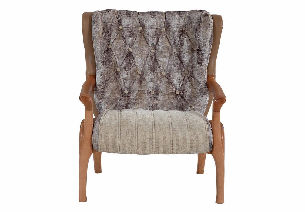 Fotoliu Bergere Lux Zen Asi Home, Lemn Nuc, Catifea Crem-Bej & Piele Ecologică Maro, 75x95 cm, Spătar Capitonat