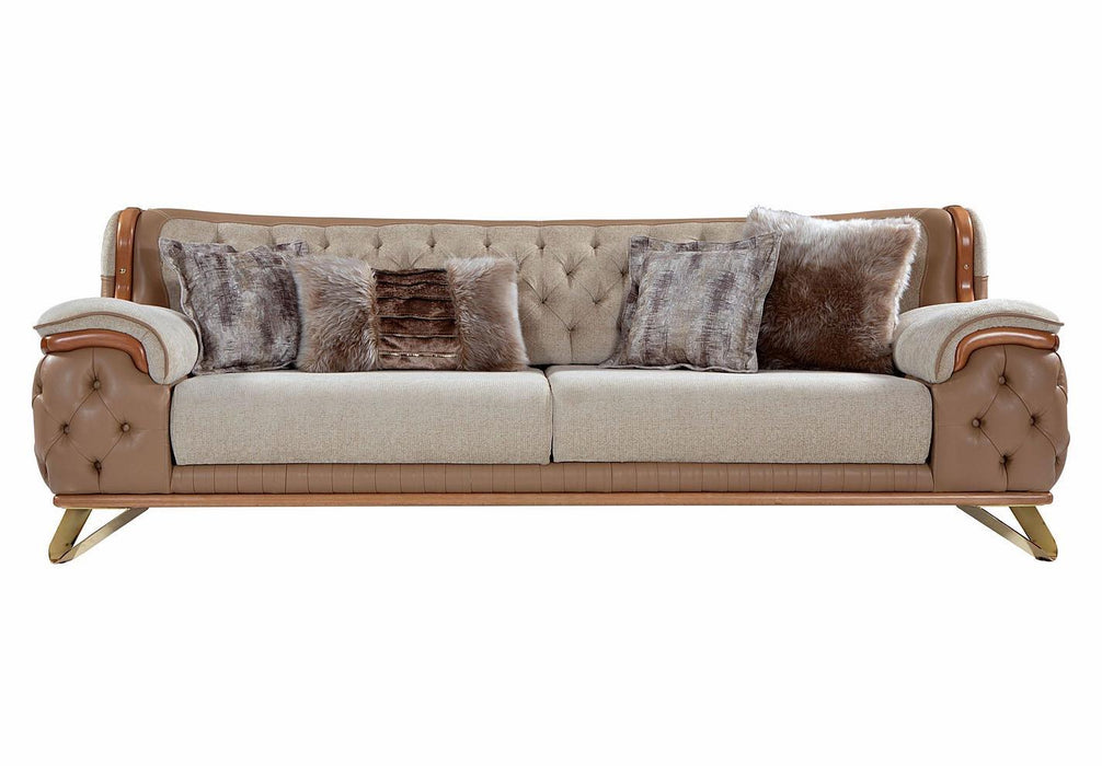 Canapea Lux Zen Asi Home, 3 Locuri, Lemn Nuc, Catifea Crem-Bej & Piele Ecologică Maro, 250x98x85 cm, Spătar și Brate Capitonate