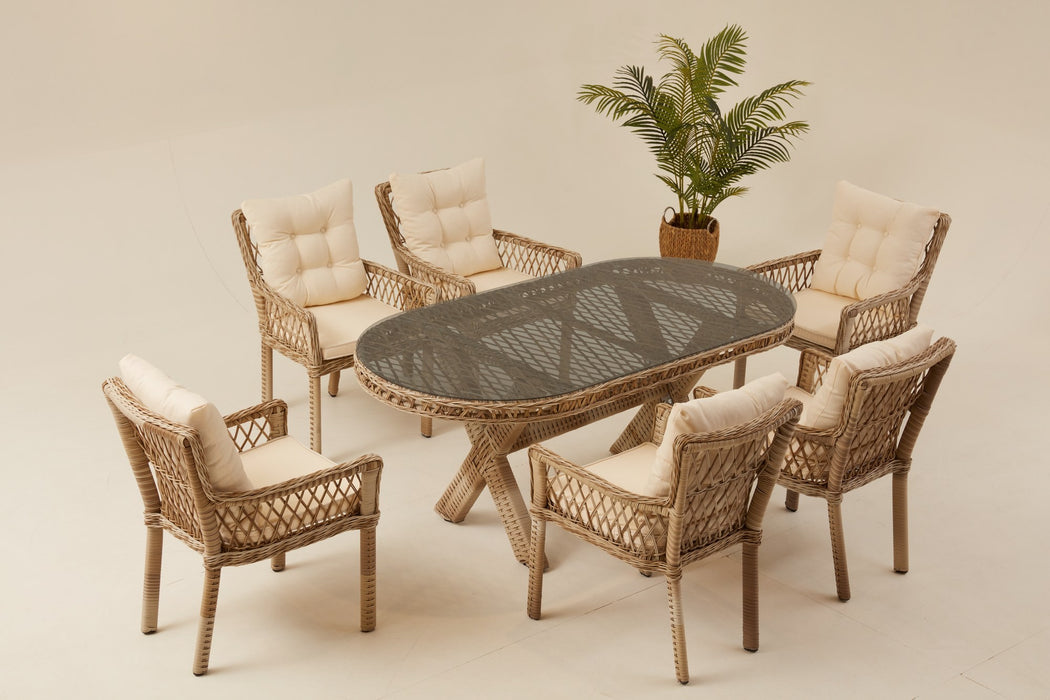 Set masă și scaune de grădină Asi Home Pure Rattan 6, Bej, 7 Piese