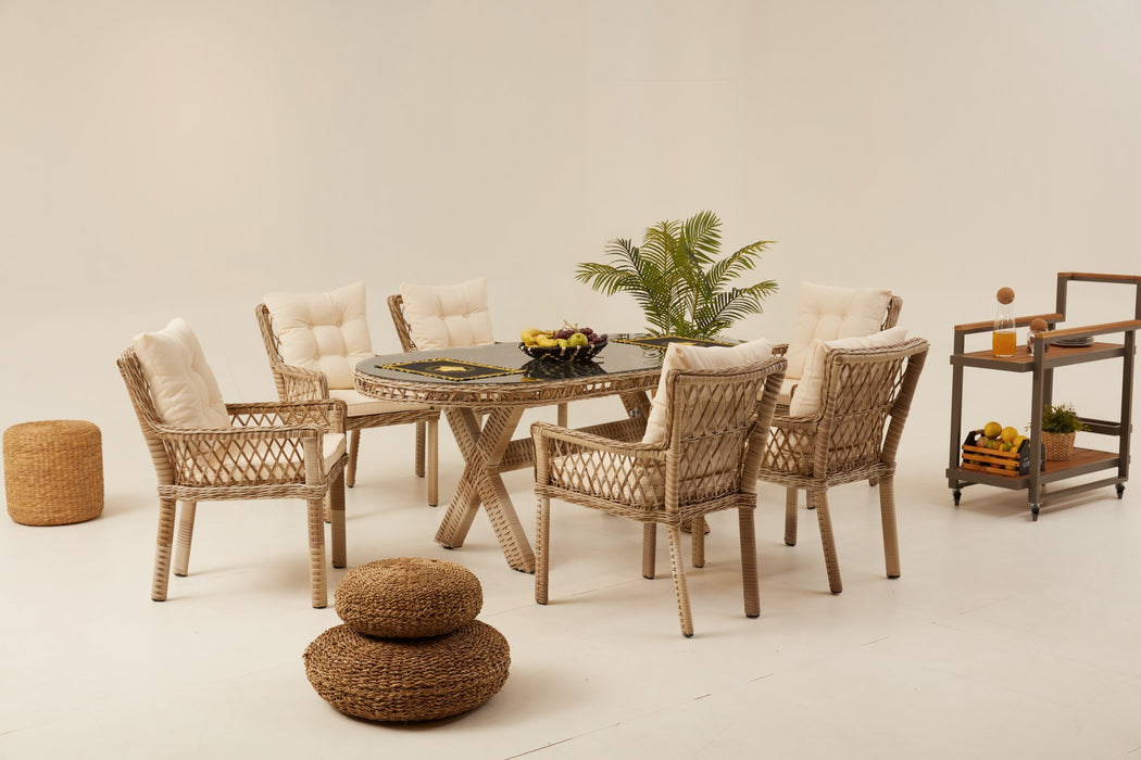 Set masă și scaune de grădină Asi Home Pure Rattan 6, Bej, 7 Piese