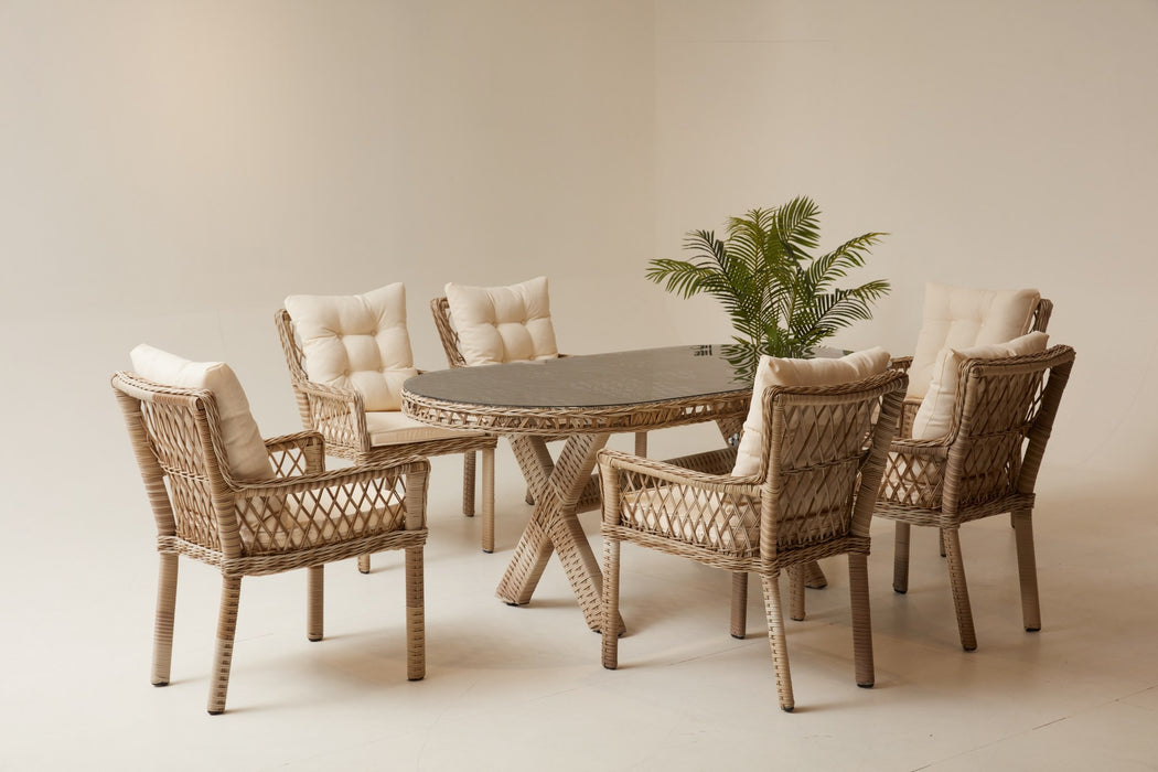 Set masă și scaune de grădină Asi Home Pure Rattan 6, Bej, 7 Piese