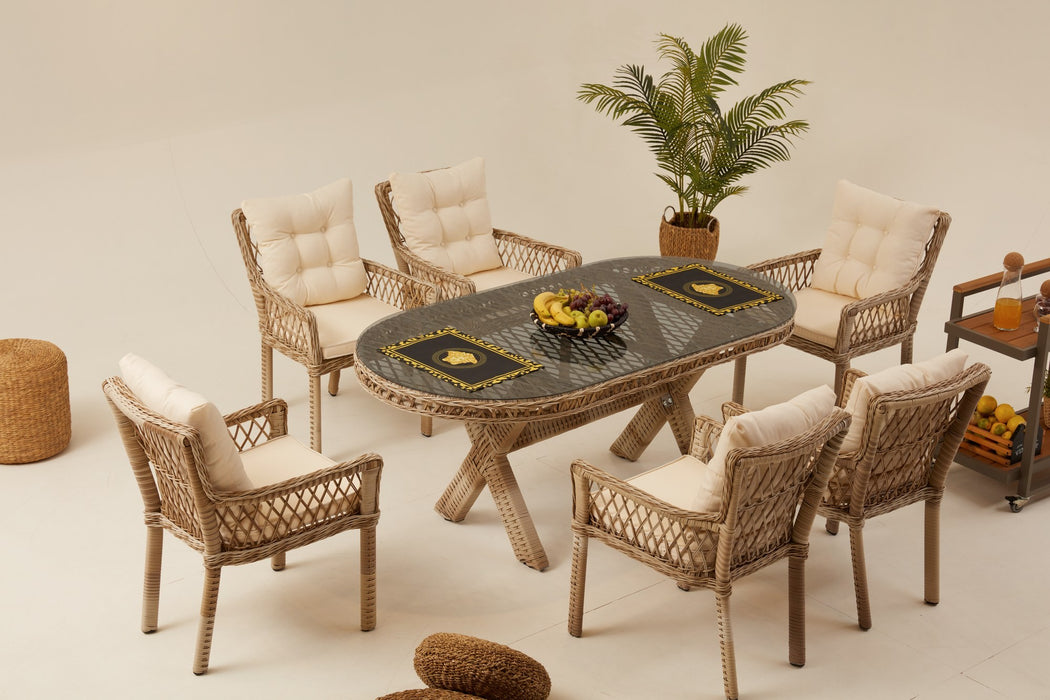 Set masă și scaune de grădină Asi Home Pure Rattan 6, Bej, 7 Piese