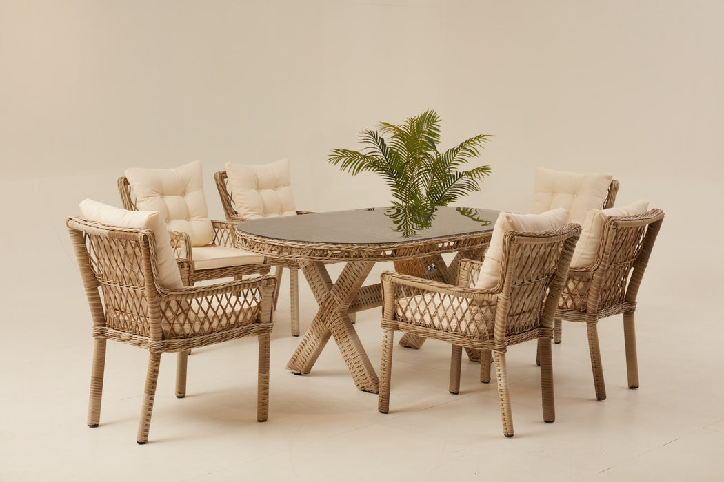 Set masă și scaune de grădină Asi Home Pure Rattan 6, Bej, 7 Piese