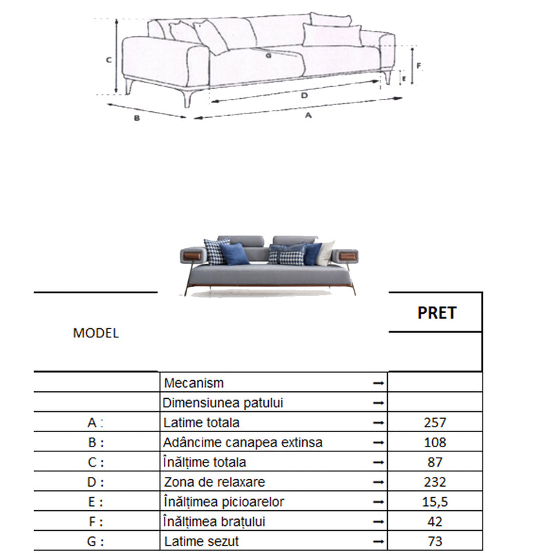 Canapea Arty Inev Asi Home, Textil, Ekose alb/albastru, lungime 257cm, latime 108cm, inaltime 87cm
