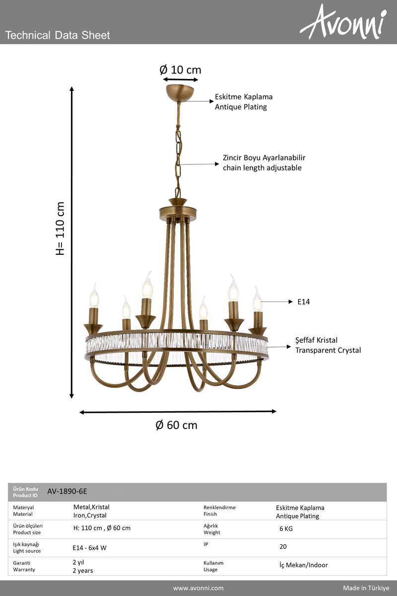 Lustră modernă Avonni Antic, 6xE14, Ø60 cm, metal eskitme și cristale