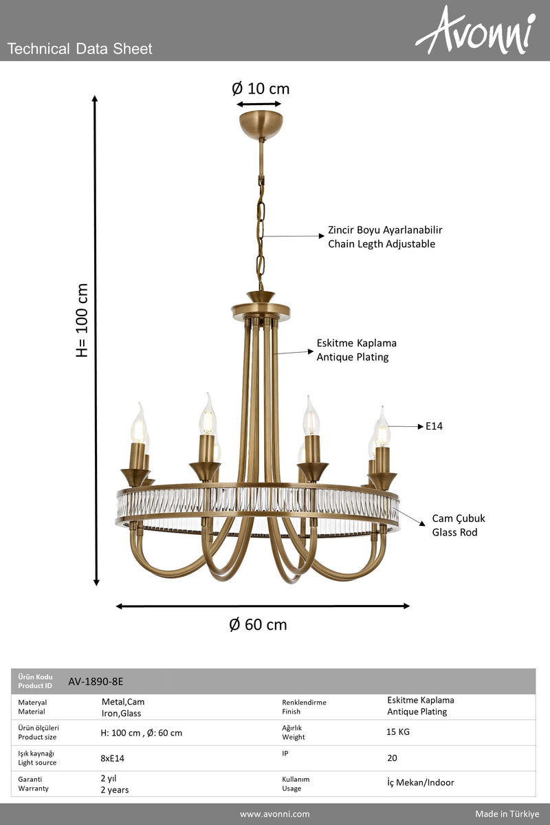Lustră modernă Avonni Antic, 8x E14, Ø60 cm, metal eskitme și sticlă