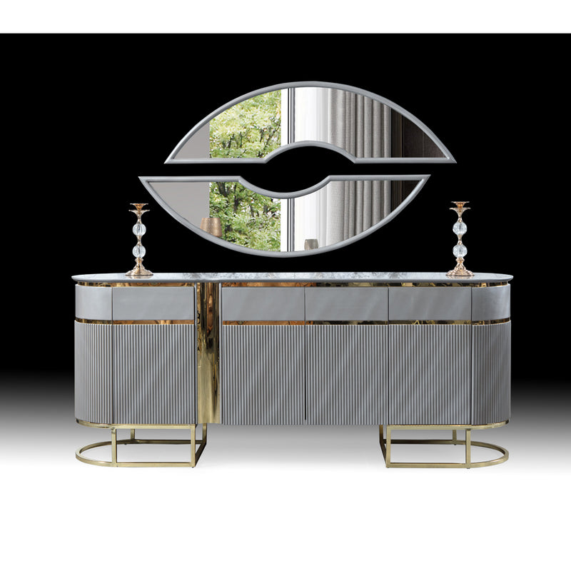 Consolă BOLD ASI HOME, 220 cm, design modern gri & auriu, MDF canelat, blat marmură