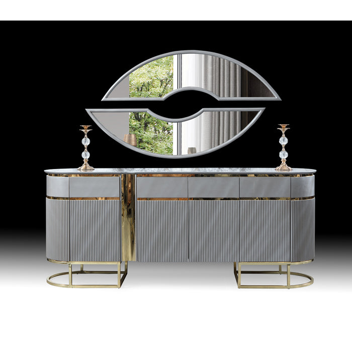 Consolă BOLD ASI HOME, 220 cm, design modern gri & auriu, MDF canelat, blat marmură