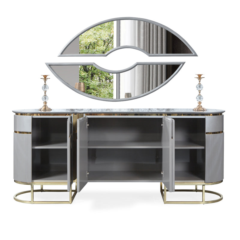 Consolă BOLD ASI HOME, 220 cm, design modern gri & auriu, MDF canelat, blat marmură