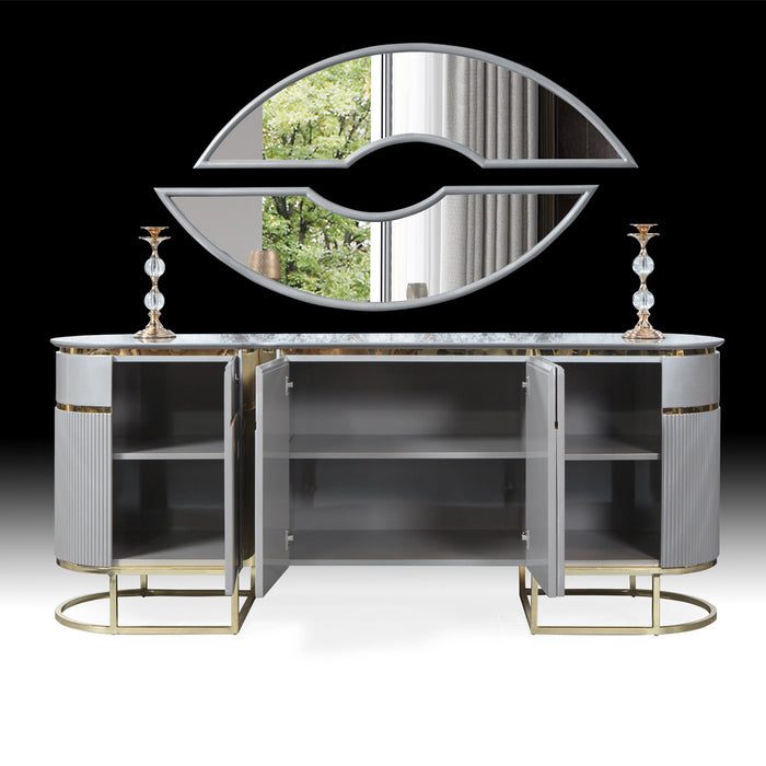 Consolă BOLD ASI HOME, 220 cm, design modern gri & auriu, MDF canelat, blat marmură