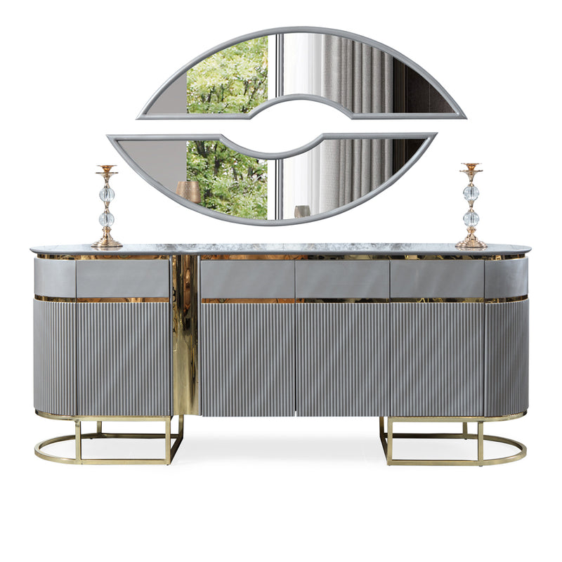 Consolă BOLD ASI HOME, 220 cm, design modern gri & auriu, MDF canelat, blat marmură