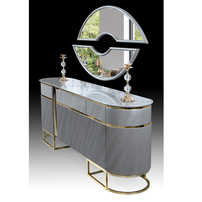 Set Living-Dining Lux Lavinya Bold AsiHome, Consola cu Oglinda, Comoda TV,  Masa Gri Auriu (2m x 1m) + 6 Scaune – Exclusiv ASI Home