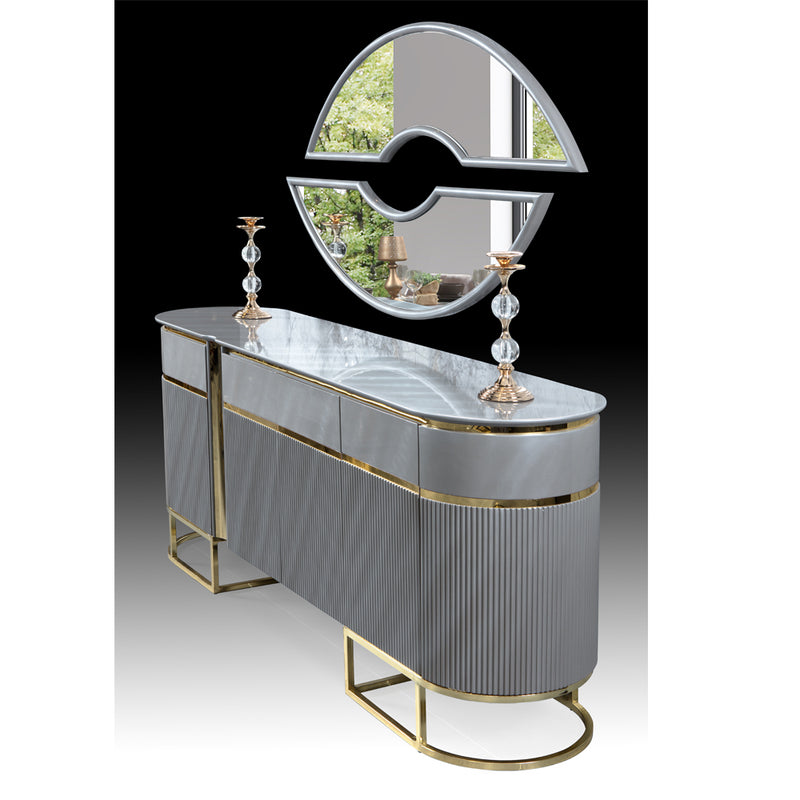 Consolă BOLD ASI HOME, 220 cm, design modern gri & auriu, MDF canelat, blat marmură