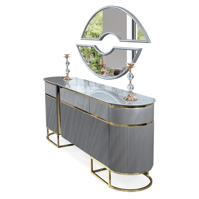 Set Living-Dining Lux Lavinya Bold AsiHome, Consola cu Oglinda, Comoda TV,  Masa Gri Auriu (2m x 1m) + 6 Scaune – Exclusiv ASI Home