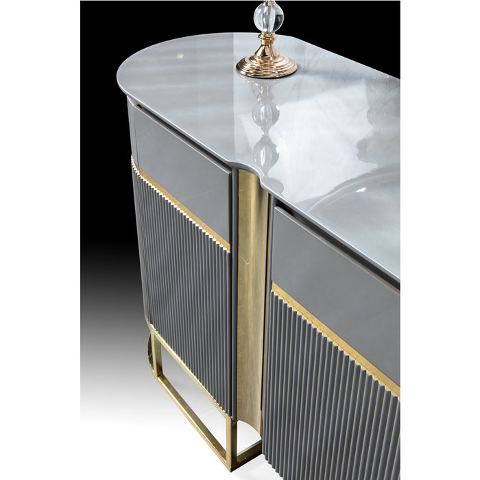 Consolă BOLD ASI HOME, 220 cm, design modern gri & auriu, MDF canelat, blat marmură