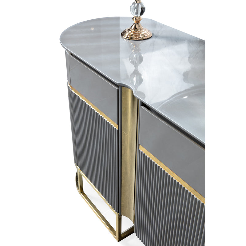Consolă BOLD ASI HOME, 220 cm, design modern gri & auriu, MDF canelat, blat marmură