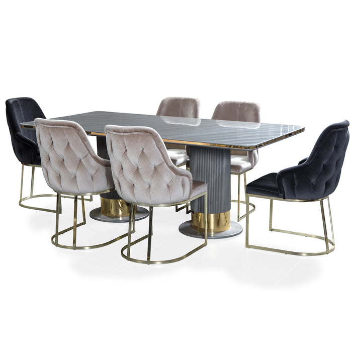 Scaun dining tapițat Asi Home BOLD, catifea verde, picioare metalice aurii, design elegant modern