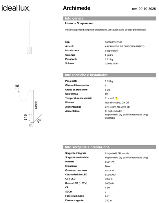 Lustra ARCHIMEDE Ideal Lux, LED 4W, Cilindro, Alb