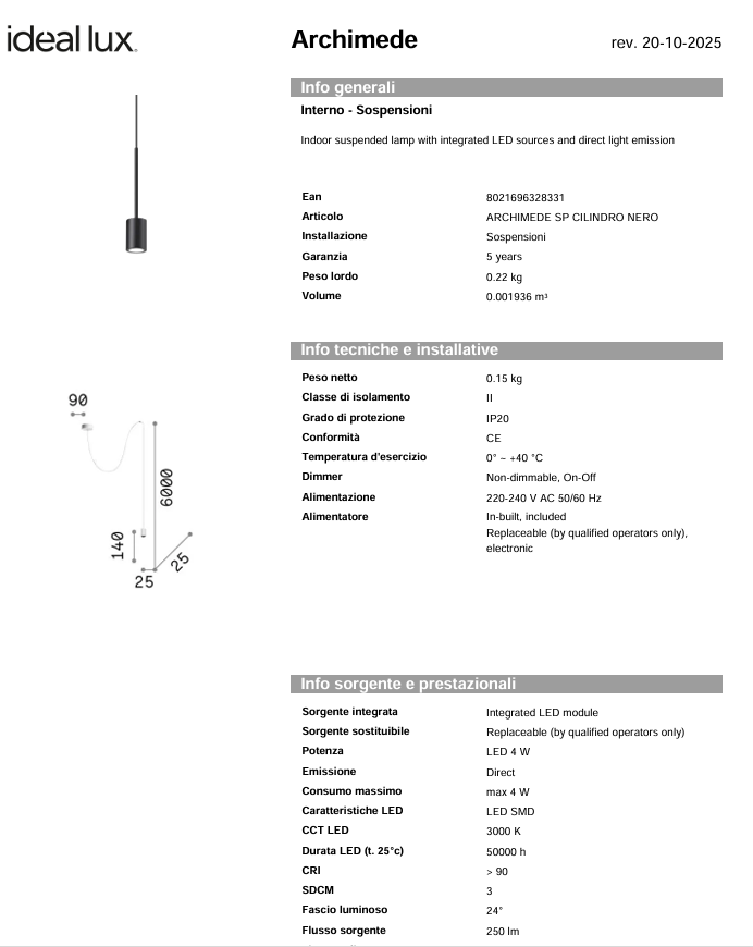 Lustra ARCHIMEDE Ideal Lux, LED 4W, Cilindro, Negru