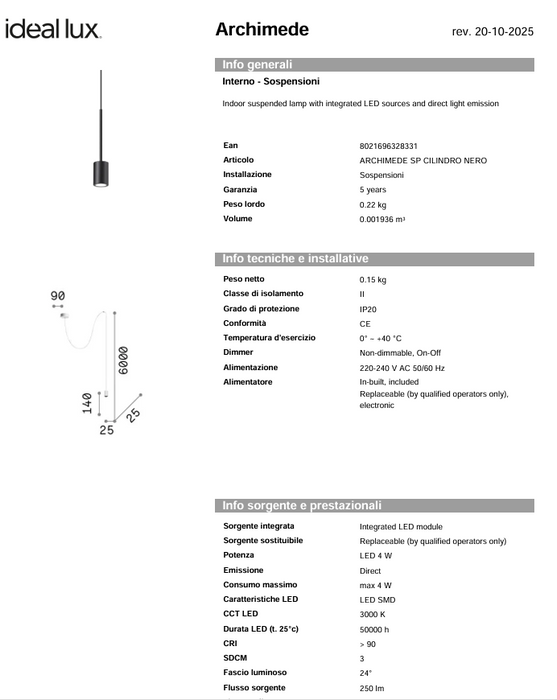 Lustra ARCHIMEDE Ideal Lux, LED 4W, Cilindro, Negru