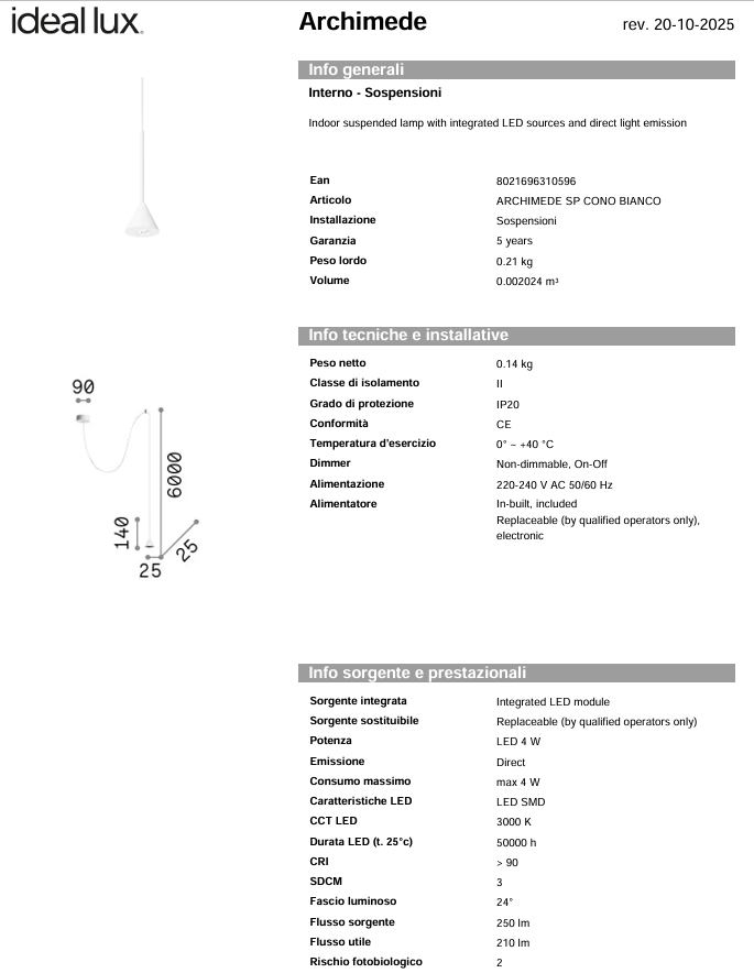 Lustra ARCHIMEDE Ideal Lux, LED 4W, Cono, Alb
