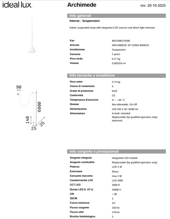 Lustra ARCHIMEDE Ideal Lux, LED 4W, Cono, Alb