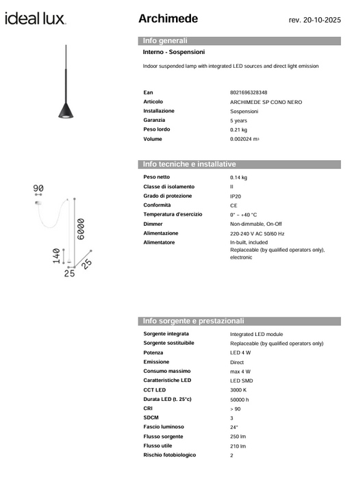 Lustra ARCHIMEDE Ideal Lux, LED 4W, Cono, Negru