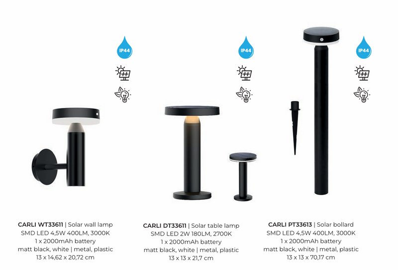 CARLI PT33613 – Stâlp solar LED tip bollard, 400 lm, 3000K, IP44, negru mat