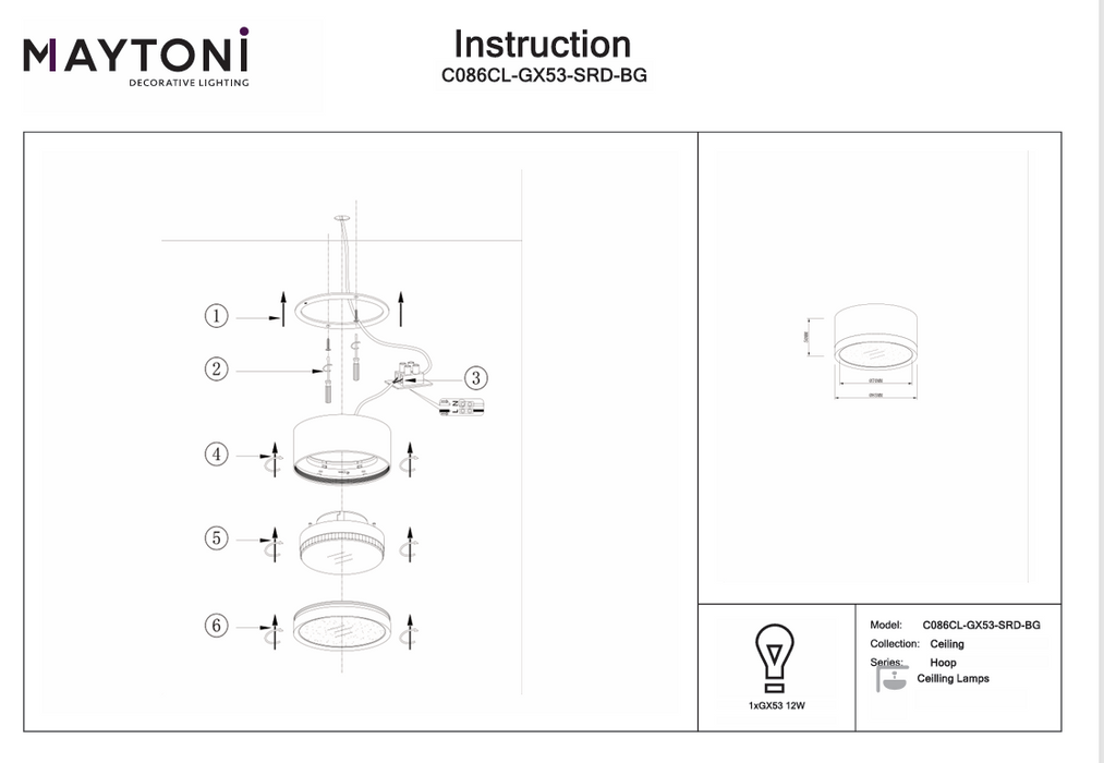 Spot aplicat Maytoni Technical Hoop Negru/Auriu, 1XGX53, C086CL-GX53-SRD-BG
