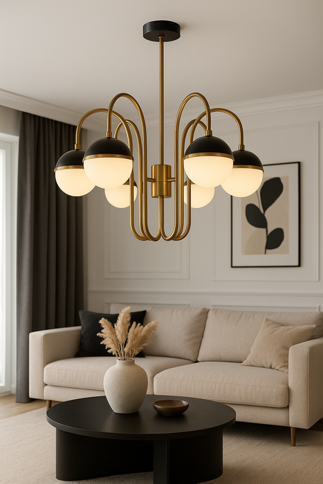 Lustra modern Avonni AV-1895-6E, 6 globuri opal, finisaj auriu antichizat & negru, structură metal, Ø60 cm, E27