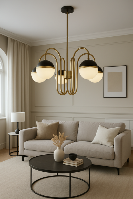 Lustra modern Avonni AV-1895-5E, 5 globuri opal, finisaj auriu antichizat & negru, structură metal, Ø60 cm, E27