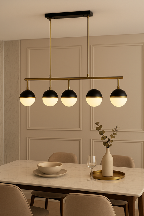 Lustra moderna 5 becuri Avonni AV-1895-5EY, pendul sticla opal, E27, inaltime ajustabila, metal, alama antichizata + negru