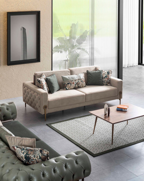 Canapea Rover Inev Asi Home - Verde Olive, Catifea, Lemn și Metal Bronz Antique, 230 cm